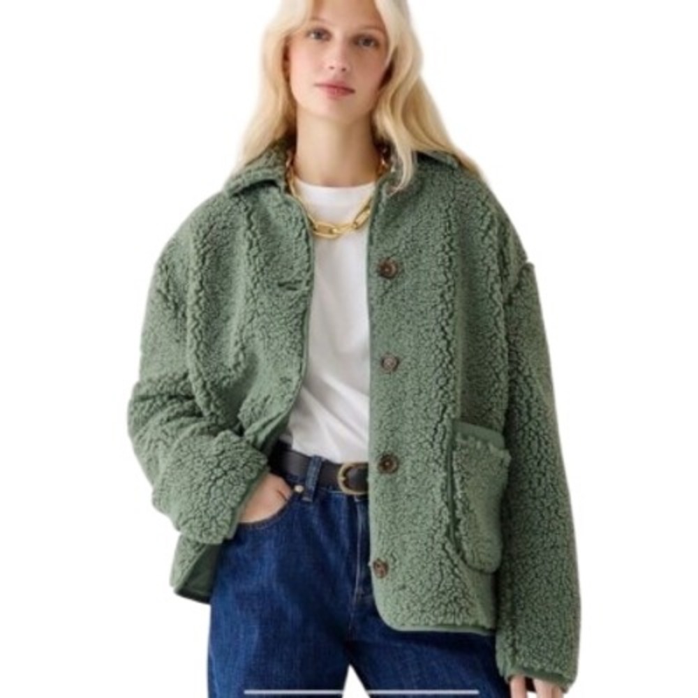 J Crew Sherpa Barn Jacket Womens Size Large Green Button Front Fleece Casual